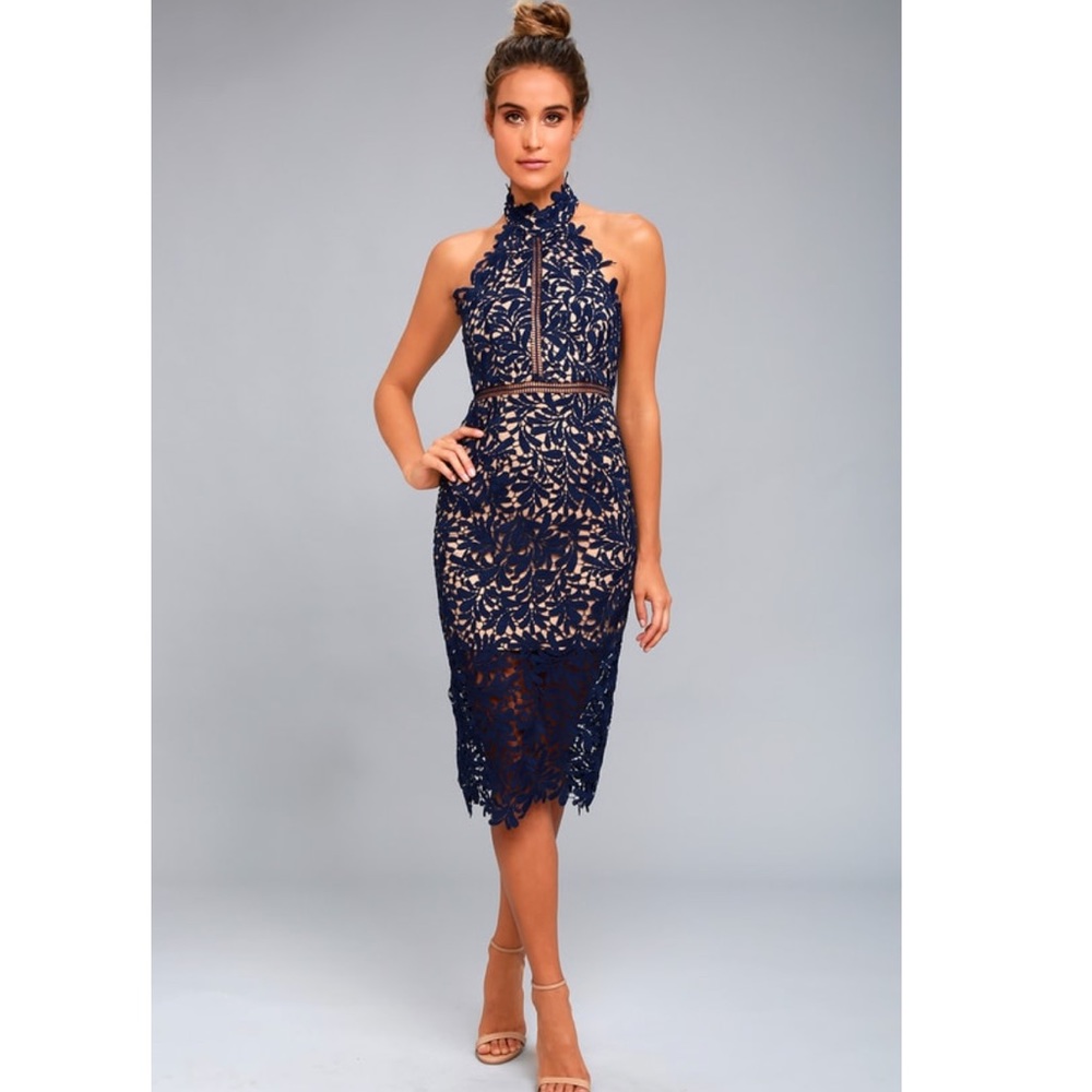 Lulus Divine Destiny Navy Blue Lace Midi Dress